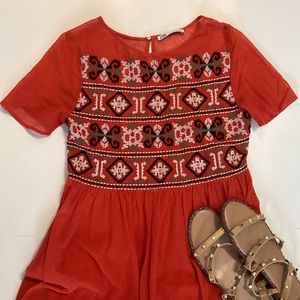 Red Zara needlepoint dress